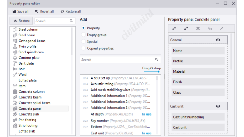 Property modification panel for a custom component in Tekla structure 