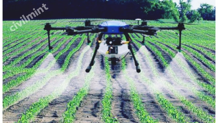 Drone spraying water on crops