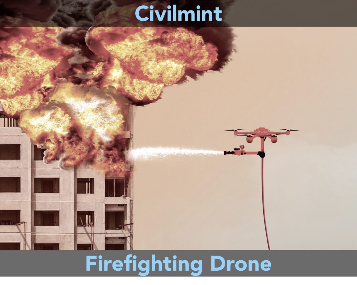 Fire fighting drone spraying water on fire